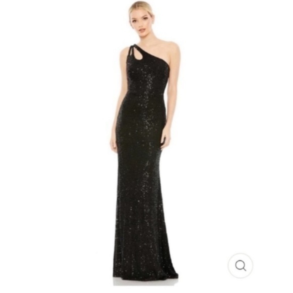✅ NEW Ieena Mac Duggal Gown Sequin Strappy One Shoulder Column in Black 42029